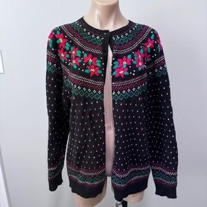 Northern Isles Hand Embroidered Knit Poinsettia Sweater Cardigan Vintage Holiday
